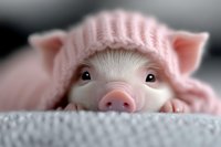 Adorable baby pig wearing pink knitted hat peeking from under blanket, close up portrait on soft gray background. Sweet farm animal concept for greeting cards.