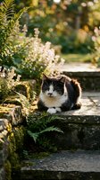 Black and white cat resting on mossy stone steps in a sunlit garden with ferns and wildflowers in soft bokeh background.