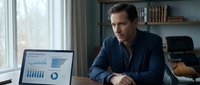 Professional businessman in navy suit analyzing financial data charts on laptop in modern office workspace.
