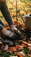 Gardener planting young tree sapling in autumn garden with colorful fallen leaves, wearing work gloves for seasonal landscaping and environmental care.