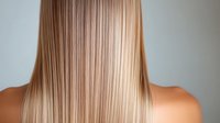 Straight blonde hair falling down woman's bare shoulders, view from behind. Smooth, silky texture with natural gradient from darker roots to light ends.