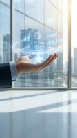 Businessman hand holding holographic data analytics dashboard with charts and graphs in modern office for business intelligence and financial reporting.