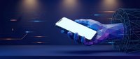 Digital hand holding blank white card with futuristic network connections and glowing elements for technology presentations and mockup designs.