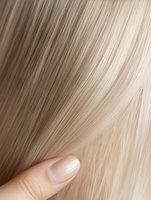 Smooth platinum blonde hair strands with fingers touching, showing silky texture and healthy shine. Close-up macro shot demonstrates professional hair care results.
