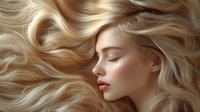 Serene profile portrait of young woman with flowing blonde wavy hair against neutral background, eyes closed, natural makeup and peaceful expression.