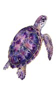 Sea turtle with cosmic galaxy pattern in purple and gold tones, isolated on white background. Suitable for wildlife art, children's designs, apparel and educational materials.