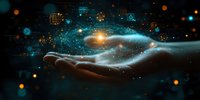 Digital palm holding glowing galaxy with floating technology icons and particles against dark background, representing future innovation and digital transformation.