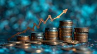 Financial growth concept with stacked coins and upward trending arrow graph on blue bokeh background, representing investment success and profit increase.