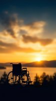 Silhouette of empty wheelchair positioned against golden sunset over serene lake landscape with mountains and evergreen trees, symbolizing hope, accessibility, and overcoming challenges.