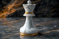 White marble chess queen piece with gold accents on dark textured background, dramatic lighting highlights luxurious game strategy concept.