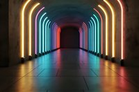 Futuristic neon tunnel with colorful LED arches creating vibrant lighting effects in modern underground corridor for sci-fi and technology concepts.