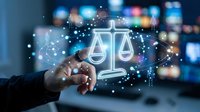 Businessman hand holding glowing digital justice scales with network connections, representing legal technology and AI law concepts.