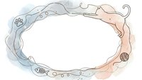 Watercolor oval frame with cat silhouettes and paw prints in soft blue and pink tones, isolated on white background for design projects.