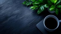 White coffee cup with black coffee on dark slate background with fresh green parsley herbs for culinary and beverage photography projects.