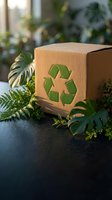 Eco-friendly cardboard shipping box with green recycling symbol surrounded by lush tropical plants on dark surface promoting sustainable packaging solutions.