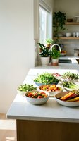Fresh organic vegetables and microgreens arranged in bowls on modern kitchen counter with natural lighting and plants creating healthy cooking atmosphere.