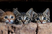Three adorable kitten faces peeking over wooden surface, showing bright blue eyes and expressive looks. Close-up portrait captures playful curiosity of young cats.