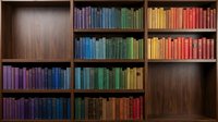 Colorful books arranged by rainbow spectrum on wooden bookshelf creating organized library display for education and reading concepts.