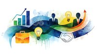 Business partnership concept with handshake, growth charts, lightbulb ideas and professional silhouettes in colorful watercolor style for presentations.