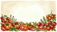 Ripe red tomatoes with fresh herbs and leafy greens arranged as a decorative border frame on aged cream background, suitable for food packaging and culinary designs.