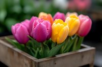 Fresh pink and yellow tulips with water drops in rustic wooden box, selective focus on vibrant spring flowers against blurred garden background.
