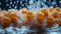Gummy bears candy splashing in water with bubbles and droplets against dark background, macro photography with bokeh effect and dramatic lighting.
