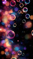 Magical soap bubbles floating in dark space with colorful bokeh lights creating dreamy atmosphere. Transparent spheres reflect rainbow colors against starry background.