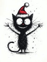 Funny black cat wearing Santa hat with big eyes and wide smile, sketchy style drawing with stars scattered around. Isolated character for holiday designs.