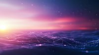 Abstract network connections floating over pink and purple sunset sky with stars and glowing particles, creating futuristic technology landscape background.