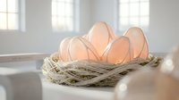 Fresh brown eggs nestled in woven straw basket on white kitchen counter with soft natural lighting streaming through windows creating warm atmosphere.