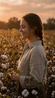 Young Caucasian woman farmer smiling peacefully in cotton field during golden hour sunset, wearing linen shirt, sustainable agriculture and organic farming.