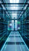 Digital security lock icon floating in futuristic data center corridor with glowing blue grid lines and cyber protection elements for tech designs.