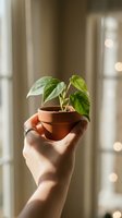 Hand holding small terracotta pot with green houseplant seedling in warm sunlight for gardening and plant care concepts.
