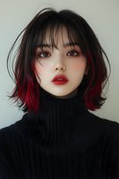 Young Asian woman with striking red-tipped black hair, nose piercing, and bold red lipstick wearing a black turtleneck sweater against neutral background.