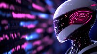 Futuristic robotic head with glowing pink eye against digital data background, showcasing advanced artificial intelligence and machine learning technology.