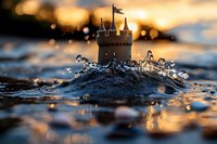 Miniature sandcastle with towers and flags on beach at sunset, surrounded by splashing water drops creating magical atmosphere and golden bokeh reflections.