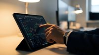 Professional trader analyzing financial charts and market data on tablet device in modern office environment for investment decisions.