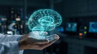 Glowing digital brain hologram floating above open palm in modern tech environment representing artificial intelligence and innovation.