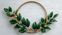 Elegant gold circle wreath with green leaves and pearl accents on white background, perfect for wedding invitations and luxury branding.
