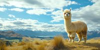 Alpaca standing on mountain meadow against snow-capped peaks and dramatic cloudy sky, overlooking scenic lake in valley, golden grass in foreground.