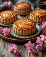 Traditional Chinese mooncakes with intricate golden patterns on ceramic plates, decorated with pink cherry blossoms for Mid-Autumn Festival celebration.
