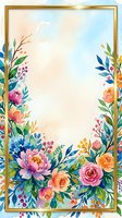 Watercolor floral frame with gold border, colorful spring flowers, roses, peonies, and lush greenery, copy space for text or greeting card design.