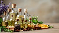 Essential oils in glass bottles with cork stoppers, herbs, spices and citrus on wooden table for aromatherapy, natural wellness and spa treatments.