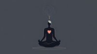 Silhouette of person meditating with glowing red heart chakra and brain waves above head on dark background for wellness and mindfulness concepts.