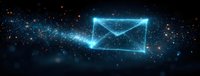 Digital envelope symbol glowing in neon blue light with sparkles and particles on dark background, representing electronic mail communication technology.