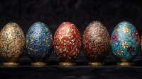 Ornate decorative Easter eggs with intricate floral patterns in gold, blue, red, and pink against dark background showcase elegant holiday craftsmanship.