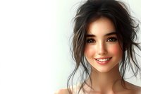 Young Asian woman with dark messy updo hairstyle and natural makeup smiling warmly against light background. Casual beauty portrait showing genuine happiness.