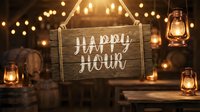 Rustic wooden sign with Happy Hour text surrounded by warm glowing string lights and vintage lanterns creating cozy bar restaurant atmosphere.