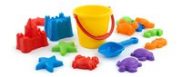 Colorful plastic beach toys and sand molds for children's outdoor play, including bucket, shovel, and castle-shaped molds in red, blue, yellow, orange, and purple.