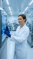 Female scientist in white lab coat using tablet computer in modern sterile laboratory facility for pharmaceutical research and development work.